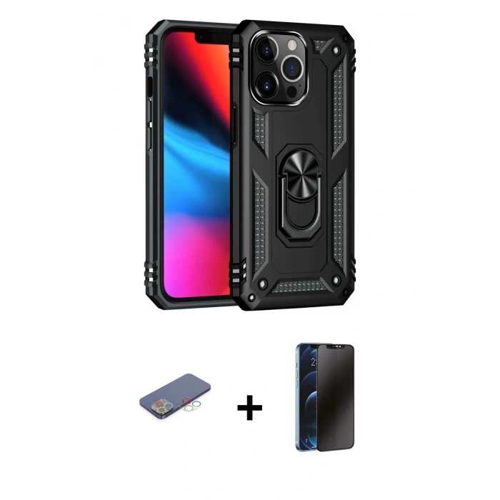 MARSİLYAN™- iPhone 13 Pro Max Kılıf Ahenk Klasik Koleksiyonu - Siyah 3D Antistatik Hayalet Cam Ekran Koruyucu + Renkli Kamera Lens Koruma Cam - MI