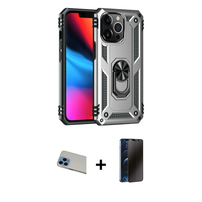 MARSİLYAN™- iPhone 13 Pro Max Kılıf Ahenk Klasik Koleksiyonu - Siyah 3D Antistatik Hayalet Cam Ekran Koruyucu + Rainbow Kamera Lens Koruma Cam - MI