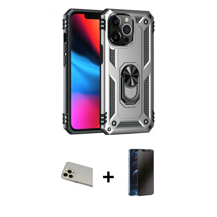 MARSİLYAN™- iPhone 13 Pro Max Kılıf Ahenk Klasik Koleksiyonu - Siyah 3D Antistatik Hayalet Cam Ekran Koruyucu + Rainbow Kamera Lens Koruma Cam - REGD