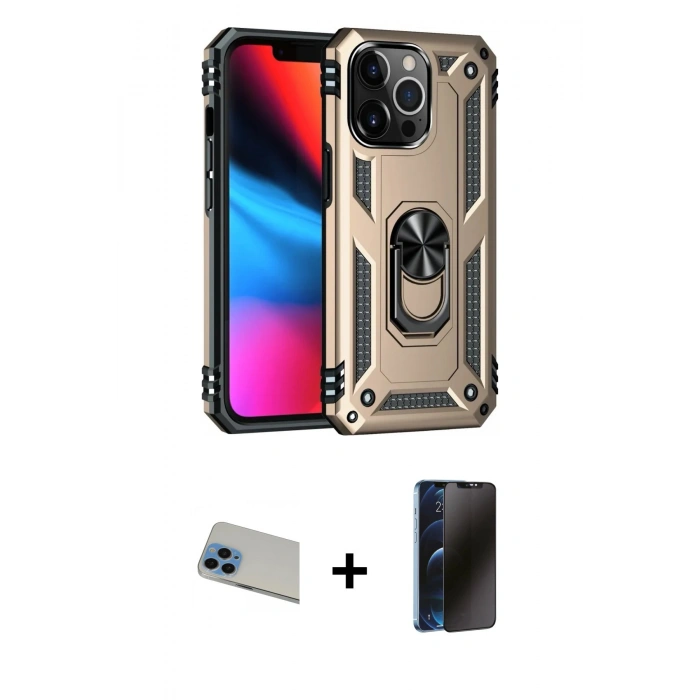 MARSİLYAN™- iPhone 13 Pro Max Kılıf Ahenk Klasik Koleksiyonu - Siyah 3D Antistatik Hayalet Cam Ekran Koruyucu + Rainbow Kamera Lens Koruma Cam - MI