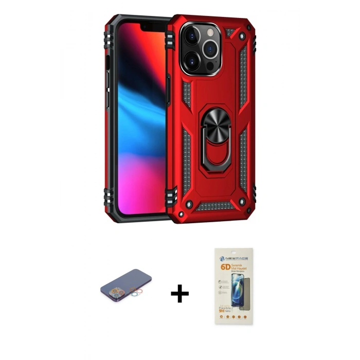 MARSİLYAN™- iPhone 13 Pro Max Kılıf Ahenk Klasik Koleksiyonu - Siyah 6D Mat Seramik Hayalet Nano Ekran Koruyucu + Pembe Renkli Kamera Lens Koruma Cam