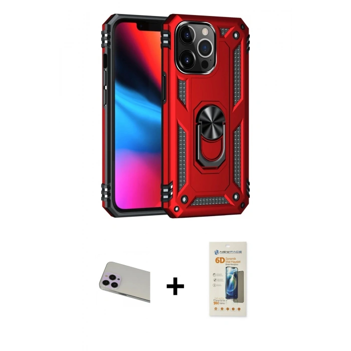 MARSİLYAN™- iPhone 13 Pro Max Kılıf Ahenk Klasik Koleksiyonu - Siyah 6D Mat Seramik Hayalet Nano Ekran Koruyucu + Rainbow Kamera Lens Koruma Cam - MR