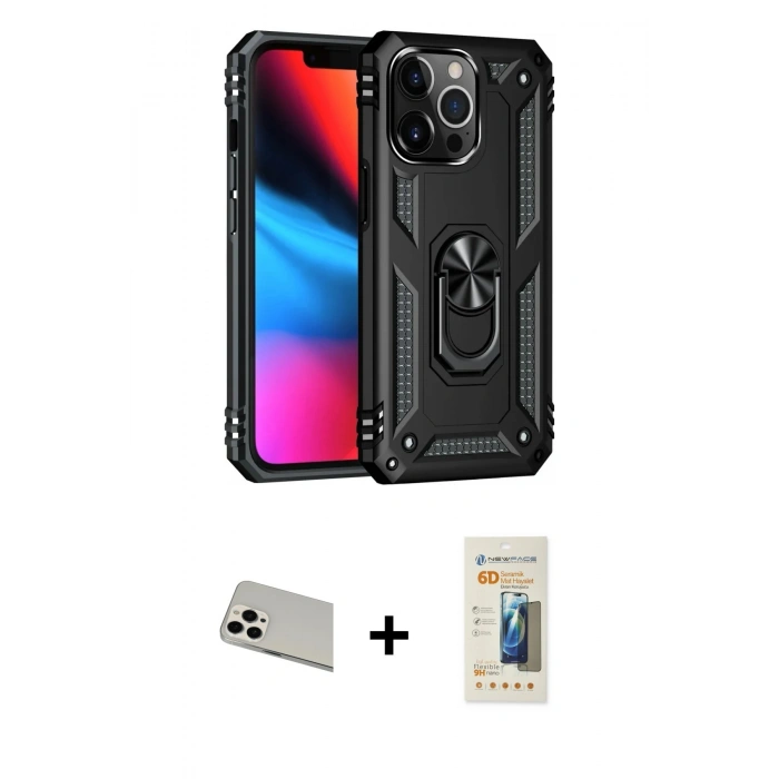 MARSİLYAN™- iPhone 13 Pro Max Kılıf Ahenk Klasik Koleksiyonu - Siyah 6D Mat Seramik Hayalet Nano Ekran Koruyucu + Rainbow Kamera Lens Koruma Cam - BZ