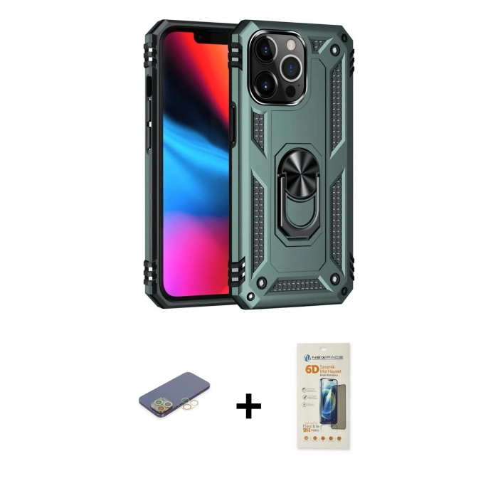 MARSİLYAN™- iPhone 13 Pro Max Kılıf Ahenk Klasik Koleksiyonu - Siyah 6D Mat Seramik Hayalet Nano Ekran Koruyucu + Renkli Kamera Lens Koruma Cam - SI