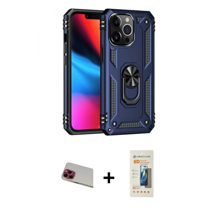 MARSİLYAN™- iPhone 13 Pro Max Kılıf Ahenk Klasik Koleksiyonu - Siyah 6D Mat Seramik Hayalet Nano Ekran Koruyucu + Rainbow Kamera Lens Koruma Cam - KI