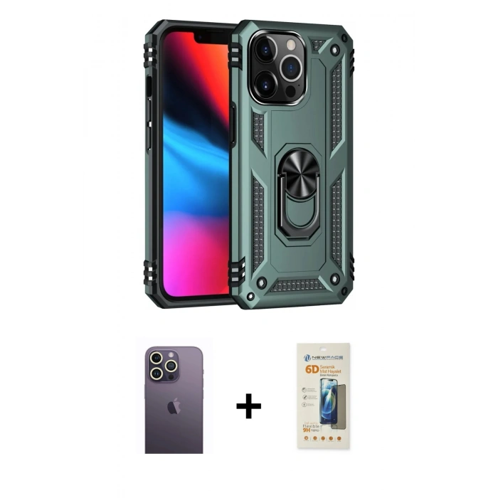 MARSİLYAN™- iPhone 13 Pro Max Kılıf Ahenk Klasik Koleksiyonu - Siyah 6D Mat Seramik Hayalet Nano Ekran Koruyucu + Neon Fosforlu Kamera Lens - BZ