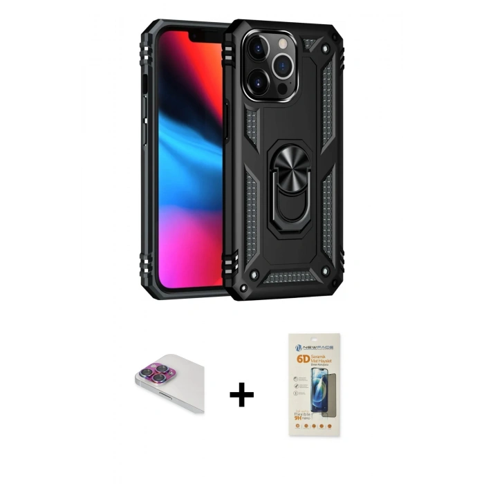 MARSİLYAN™- iPhone 13 Pro Max Kılıf Ahenk Klasik Koleksiyonu - Siyah 6D Mat Seramik Hayalet Nano Ekran Koruyucu + Gökkuşağı Pers Alüminyum Kamera Lens