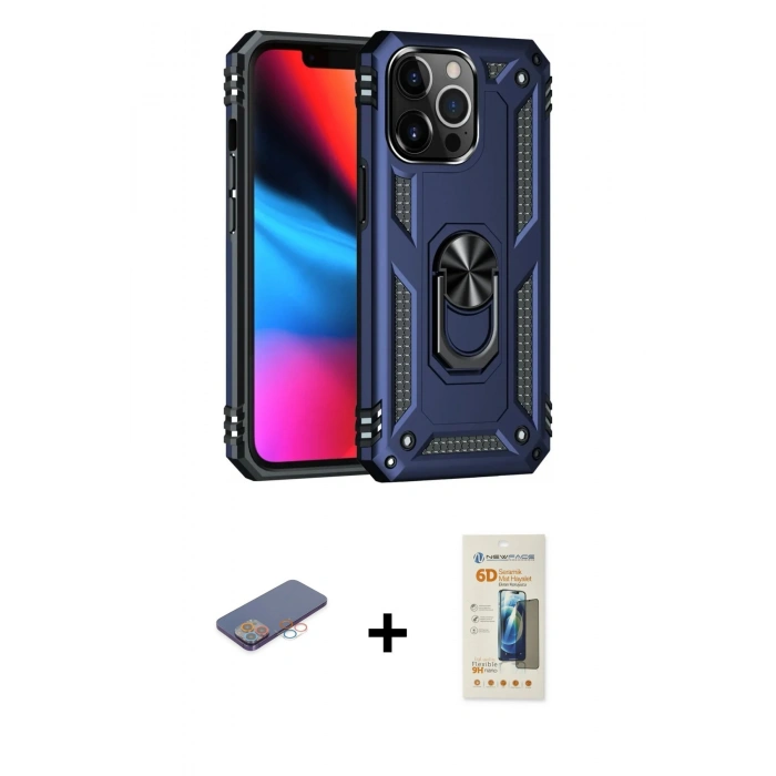 MARSİLYAN™- iPhone 13 Pro Max Kılıf Ahenk Klasik Koleksiyonu - Siyah 6D Mat Seramik Hayalet Nano Ekran Koruyucu + Pembe Renkli Kamera Lens Koruma Cam