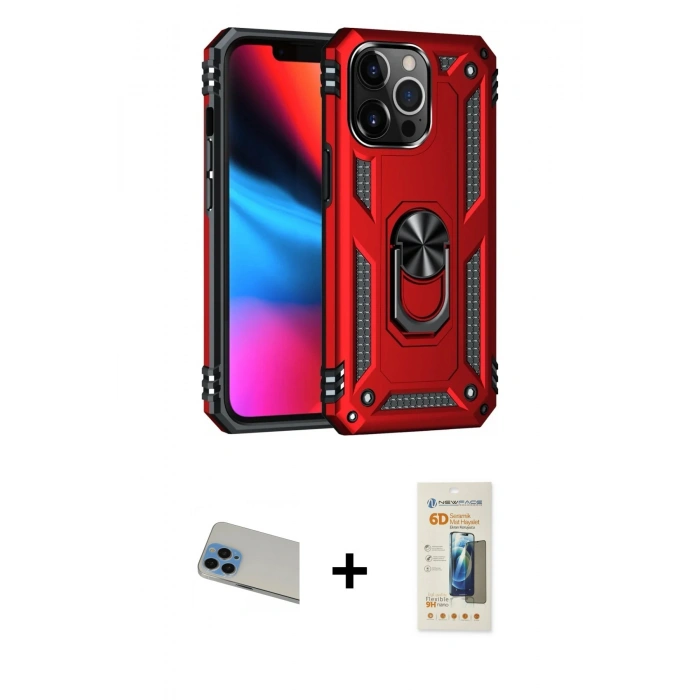MARSİLYAN™- iPhone 13 Pro Max Kılıf Ahenk Klasik Koleksiyonu - Siyah 6D Mat Seramik Hayalet Nano Ekran Koruyucu + Rainbow Kamera Lens Koruma Cam - MI