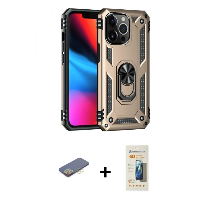 MARSİLYAN™- iPhone 13 Pro Max Kılıf Ahenk Klasik Koleksiyonu - Siyah 6D Mat Seramik Hayalet Nano Ekran Koruyucu + Renkli Kamera Lens Koruma Cam - SI
