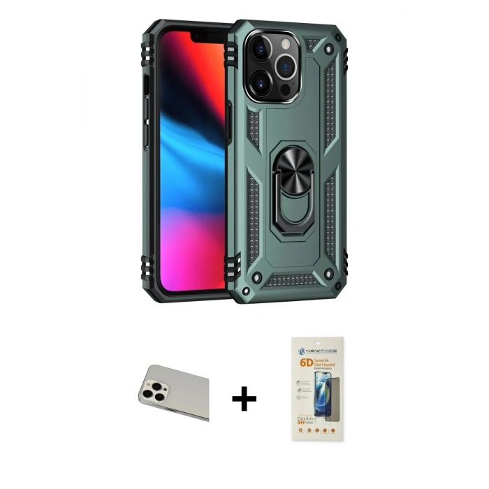MARSİLYAN™- iPhone 13 Pro Max Kılıf Ahenk Klasik Koleksiyonu - Siyah 6D Mat Seramik Hayalet Nano Ekran Koruyucu + Rainbow Kamera Lens Koruma Cam - BZ