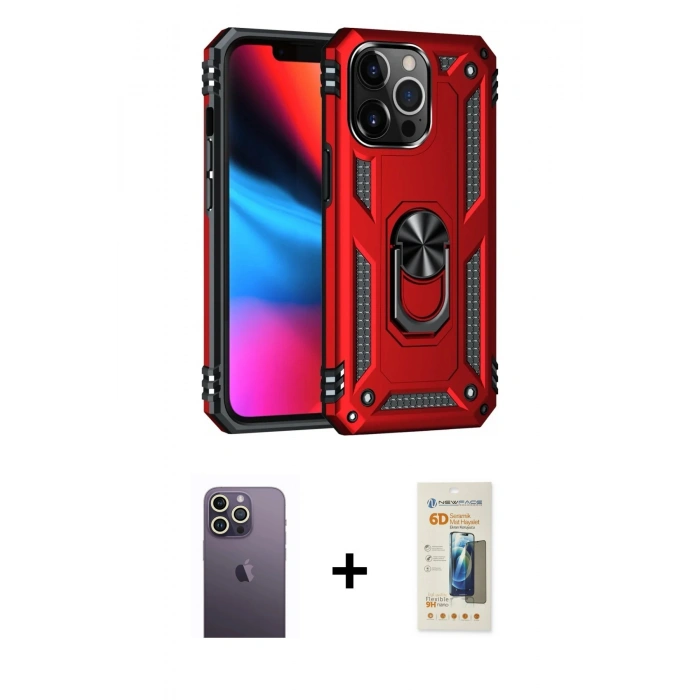 MARSİLYAN™- iPhone 13 Pro Max Kılıf Ahenk Klasik Koleksiyonu - Siyah 6D Mat Seramik Hayalet Nano Ekran Koruyucu + Neon Fosforlu Kamera Lens - BZ