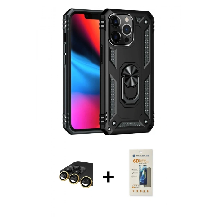 MARSİLYAN™- iPhone 13 Pro Max Kılıf Ahenk Klasik Koleksiyonu - Siyah 6D Mat Seramik Hayalet Nano Ekran Koruyucu + Raze Metal Kamera Lens - GD