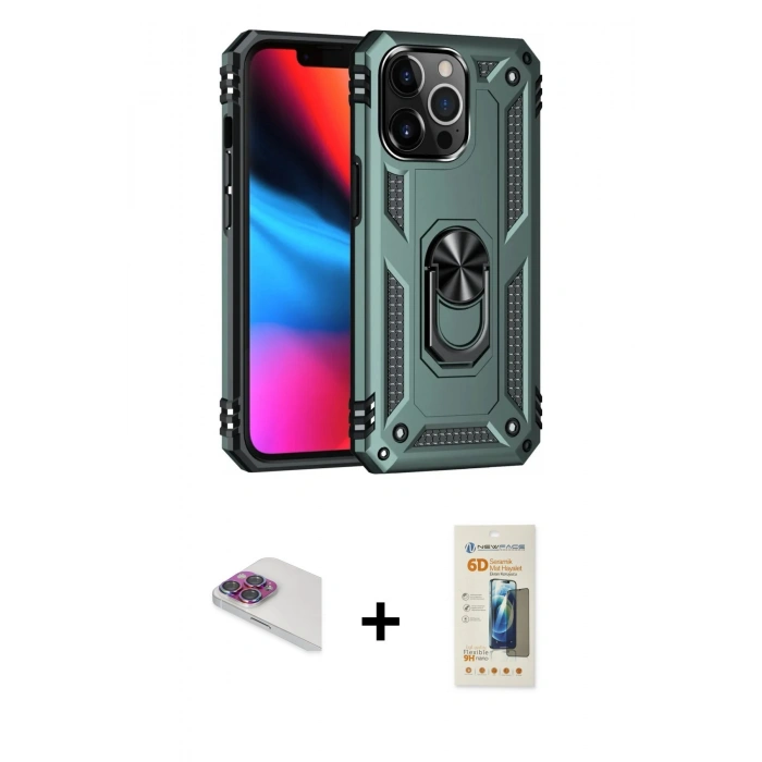 MARSİLYAN™- iPhone 13 Pro Max Kılıf Ahenk Klasik Koleksiyonu - Siyah 6D Mat Seramik Hayalet Nano Ekran Koruyucu + Gökkuşağı Pers Alüminyum Kamera Lens