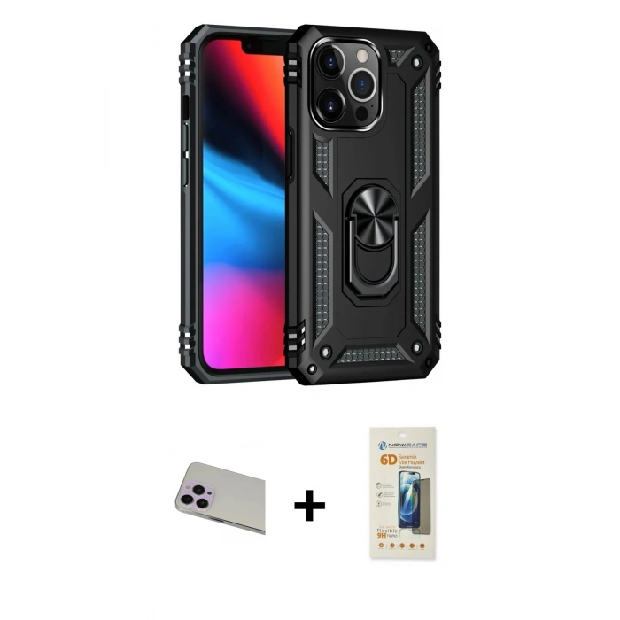 MARSİLYAN™- iPhone 13 Pro Max Kılıf Ahenk Klasik Koleksiyonu - Siyah 6D Mat Seramik Hayalet Nano Ekran Koruyucu + Rainbow Kamera Lens Koruma Cam - MR