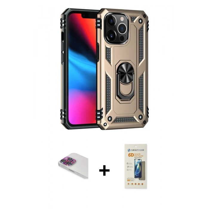 MARSİLYAN™- iPhone 13 Pro Max Kılıf Ahenk Klasik Koleksiyonu - Siyah 6D Mat Seramik Hayalet Nano Ekran Koruyucu + Pers Alüminyum Kamera Lens - GI