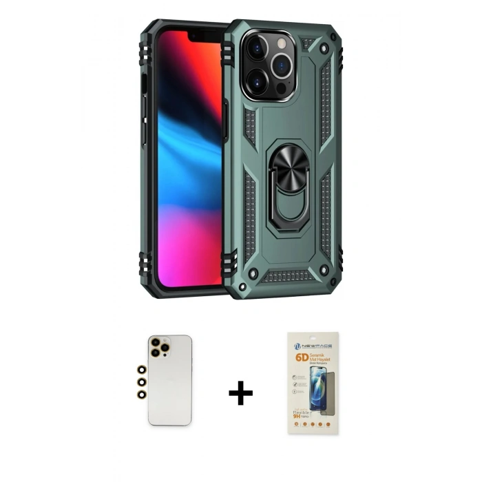 MARSİLYAN™- iPhone 13 Pro Max Kılıf Ahenk Klasik Koleksiyonu - Siyah 6D Mat Seramik Hayalet Nano Ekran Koruyucu + Shine Kamera Lens - GD