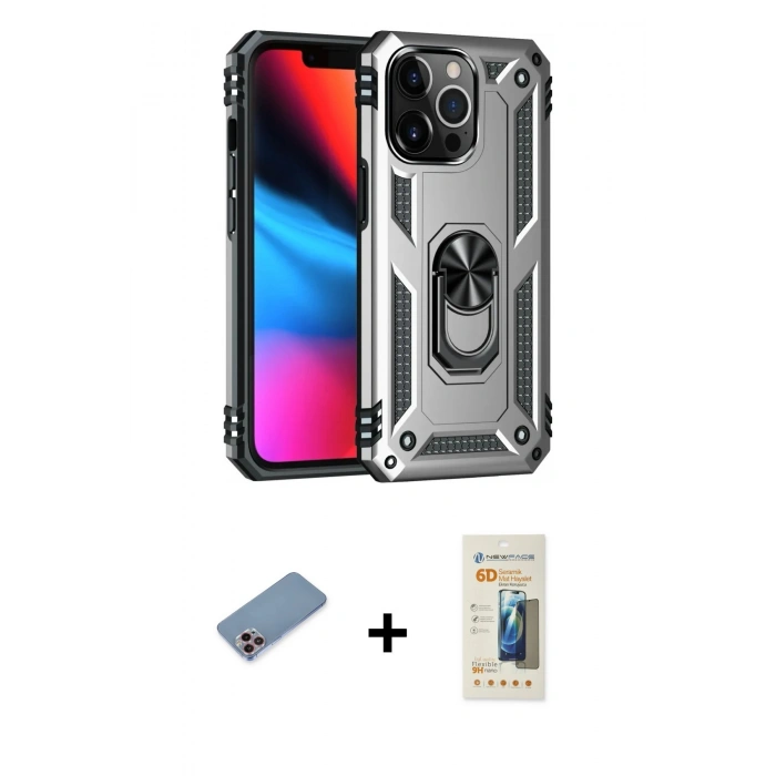 MARSİLYAN™- iPhone 13 Pro Max Kılıf Ahenk Klasik Koleksiyonu - Siyah 6D Mat Seramik Hayalet Nano Ekran Koruyucu + Shine Kamera Lens Koruma Cam - PE