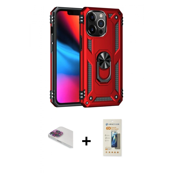 MARSİLYAN™- iPhone 13 Pro Max Kılıf Ahenk Klasik Koleksiyonu - Siyah 6D Mat Seramik Hayalet Nano Ekran Koruyucu + Pers Alüminyum Kamera Lens - GI