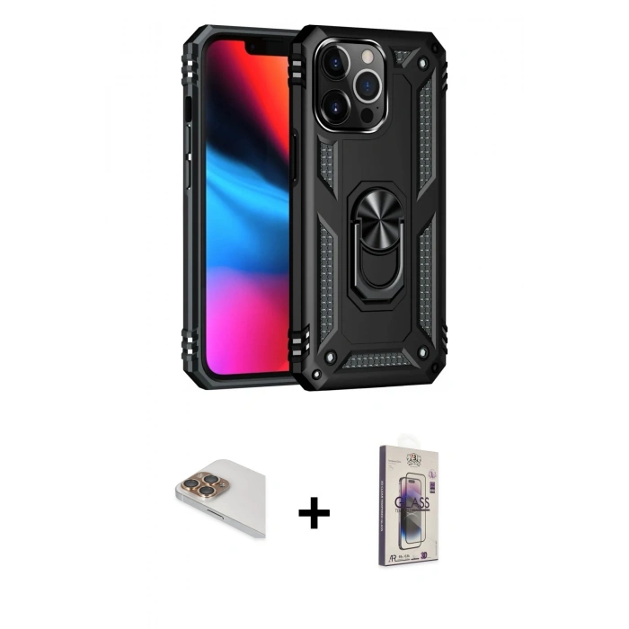 MARSİLYAN™- iPhone 13 Pro Max Kılıf Ahenk Klasik Koleksiyonu - Siyah Bilvis 3D Cam Ekran Koruyucu + Pers Alüminyum Kamera Lens - GD
