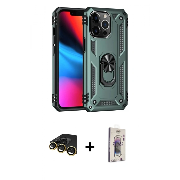 MARSİLYAN™- iPhone 13 Pro Max Kılıf Ahenk Klasik Koleksiyonu - Siyah Bilvis 3D Cam Ekran Koruyucu + Raze Metal Kamera Lens - GD