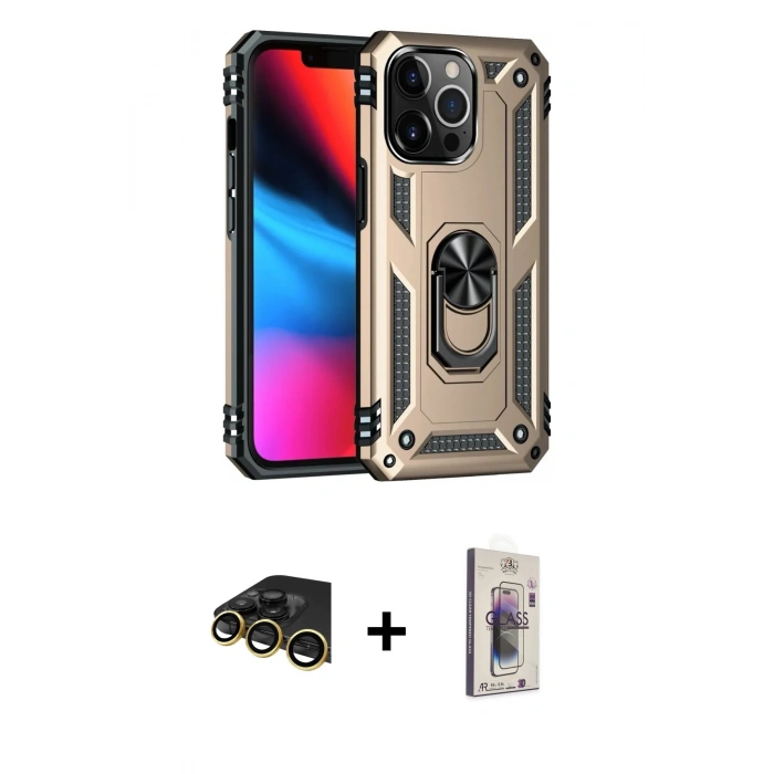 MARSİLYAN™- iPhone 13 Pro Max Kılıf Ahenk Klasik Koleksiyonu - Siyah Bilvis 3D Cam Ekran Koruyucu + Raze Metal Kamera Lens - GD