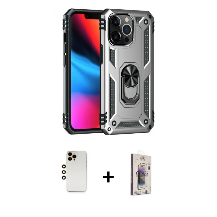 MARSİLYAN™- iPhone 13 Pro Max Kılıf Ahenk Klasik Koleksiyonu - Siyah Bilvis 3D Cam Ekran Koruyucu + Gold Shine Kamera Lens