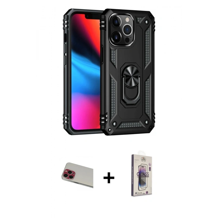 MARSİLYAN™- iPhone 13 Pro Max Kılıf Ahenk Klasik Koleksiyonu - Siyah Bilvis 3D Cam Ekran Koruyucu + Kırmızı Rainbow Kamera Lens Koruma Cam