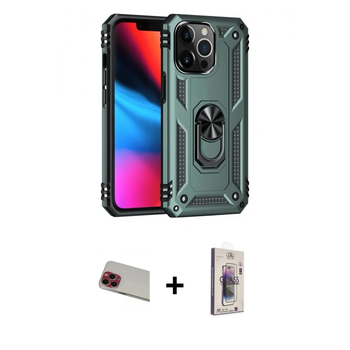 MARSİLYAN™- iPhone 13 Pro Max Kılıf Ahenk Klasik Koleksiyonu - Siyah Bilvis 3D Cam Ekran Koruyucu + Kırmızı Rainbow Kamera Lens Koruma Cam