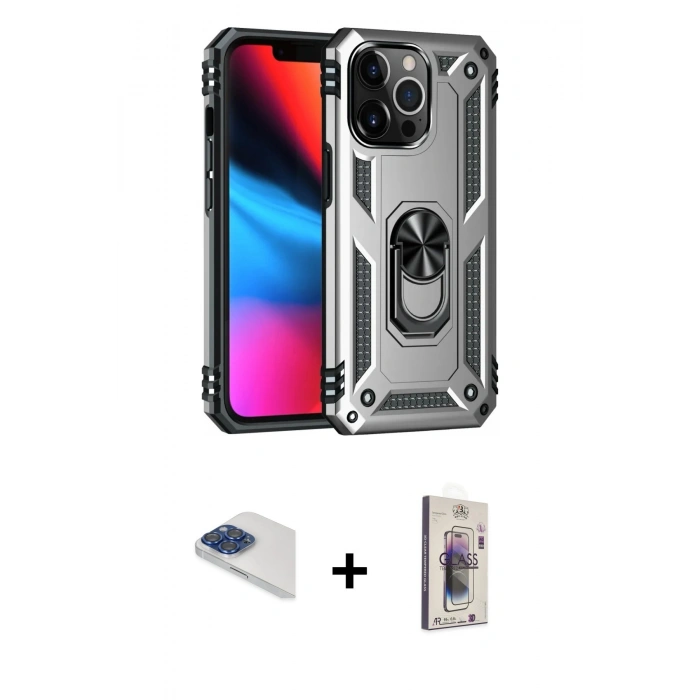 MARSİLYAN™- iPhone 13 Pro Max Kılıf Ahenk Klasik Koleksiyonu - Siyah Bilvis 3D Cam Ekran Koruyucu + Pers Alüminyum Kamera Lens - LT