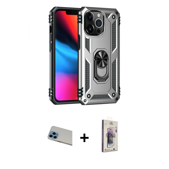 MARSİLYAN™- iPhone 13 Pro Max Kılıf Ahenk Klasik Koleksiyonu - Siyah Bilvis 3D Cam Ekran Koruyucu + Rainbow Kamera Lens Koruma Cam - MI