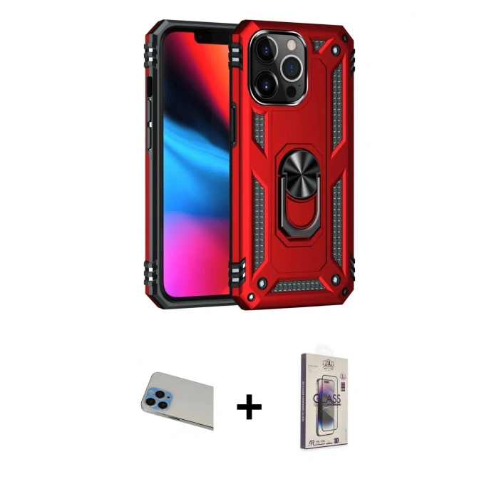 MARSİLYAN™- iPhone 13 Pro Max Kılıf Ahenk Klasik Koleksiyonu - Siyah Bilvis 3D Cam Ekran Koruyucu + Rainbow Kamera Lens Koruma Cam - MI