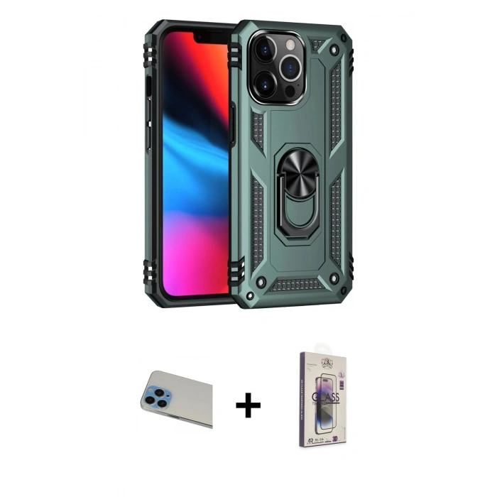 MARSİLYAN™- iPhone 13 Pro Max Kılıf Ahenk Klasik Koleksiyonu - Siyah Bilvis 3D Cam Ekran Koruyucu + Rainbow Kamera Lens Koruma Cam - MI