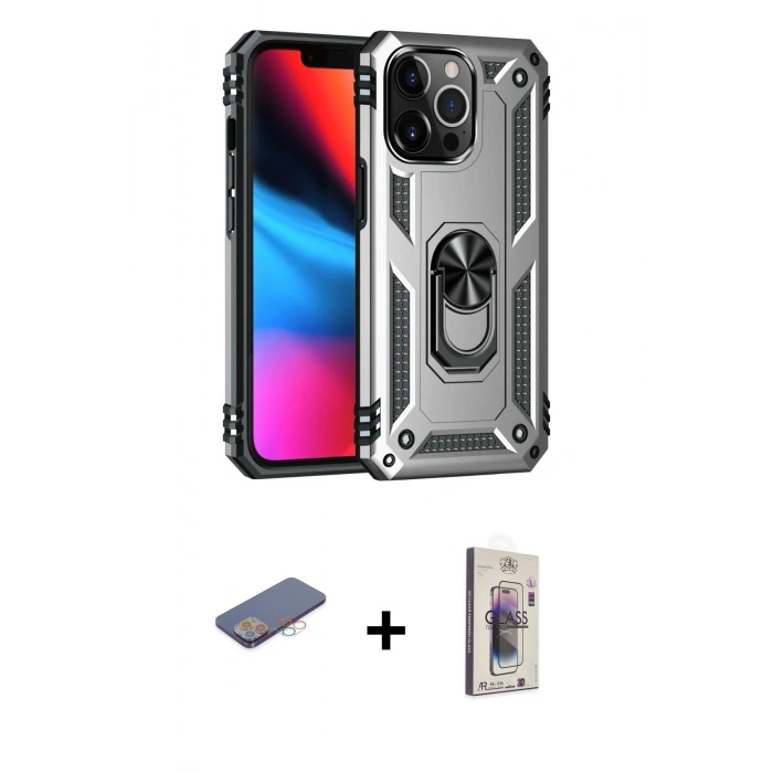 MARSİLYAN™- iPhone 13 Pro Max Kılıf Ahenk Klasik Koleksiyonu - Siyah Bilvis 3D Cam Ekran Koruyucu + Renkli Kamera Lens Koruma Cam - PE