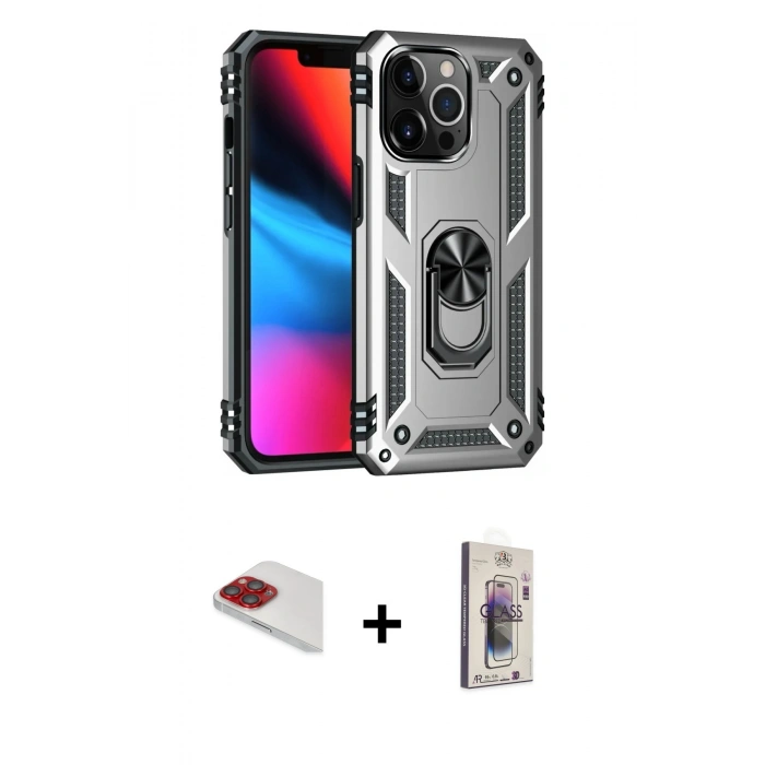 MARSİLYAN™- iPhone 13 Pro Max Kılıf Ahenk Klasik Koleksiyonu - Siyah Bilvis 3D Cam Ekran Koruyucu + Pers Alüminyum Kamera Lens - KI
