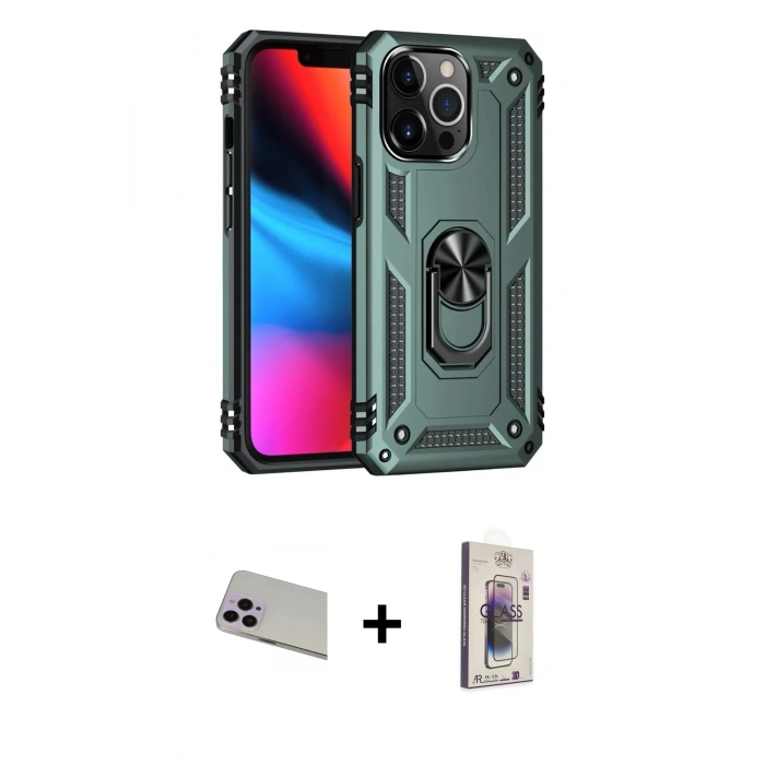 MARSİLYAN™- iPhone 13 Pro Max Kılıf Ahenk Klasik Koleksiyonu - Siyah Bilvis 3D Cam Ekran Koruyucu + Rainbow Kamera Lens Koruma Cam - MR