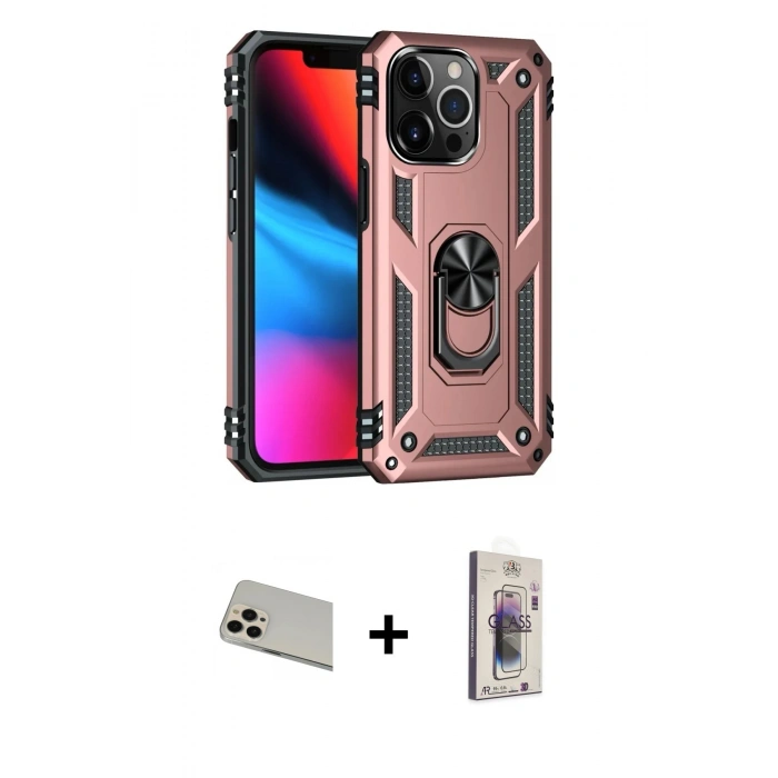 MARSİLYAN™- iPhone 13 Pro Max Kılıf Ahenk Klasik Koleksiyonu - Siyah Bilvis 3D Cam Ekran Koruyucu + Rainbow Kamera Lens Koruma Cam - REGD