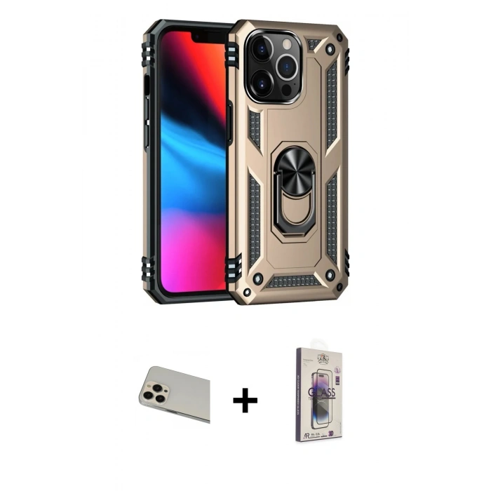 MARSİLYAN™- iPhone 13 Pro Max Kılıf Ahenk Klasik Koleksiyonu - Siyah Bilvis 3D Cam Ekran Koruyucu + Rainbow Kamera Lens Koruma Cam - REGD
