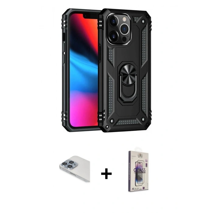 MARSİLYAN™- iPhone 13 Pro Max Kılıf Ahenk Klasik Koleksiyonu - Siyah Bilvis 3D Cam Ekran Koruyucu + Sierra Blue Pers Alüminyum Kamera Lens
