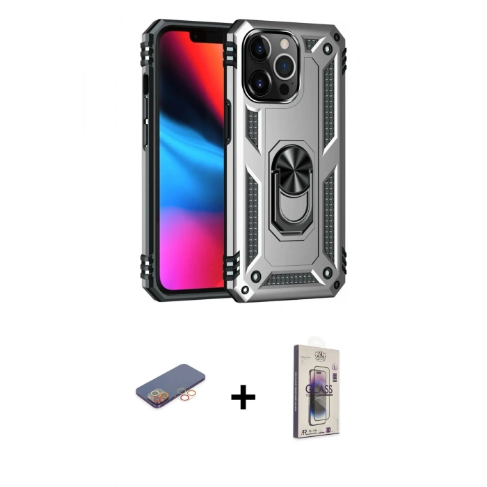 MARSİLYAN™- iPhone 13 Pro Max Kılıf Ahenk Klasik Koleksiyonu - Siyah Bilvis 3D Cam Ekran Koruyucu + Renkli Kamera Lens Koruma Cam - TU