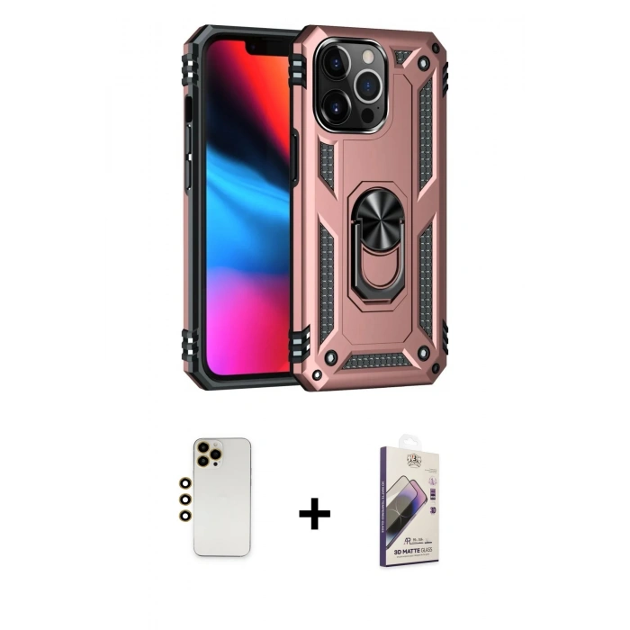 MARSİLYAN™- iPhone 13 Pro Max Kılıf Ahenk Klasik Koleksiyonu - Siyah Bilvis 3D Mat Cam Ekran Koruyucu + Gold Shine Kamera Lens