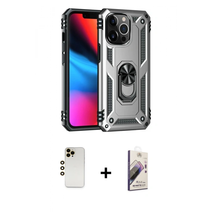 MARSİLYAN™- iPhone 13 Pro Max Kılıf Ahenk Klasik Koleksiyonu - Siyah Bilvis 3D Mat Cam Ekran Koruyucu + Gold Shine Kamera Lens