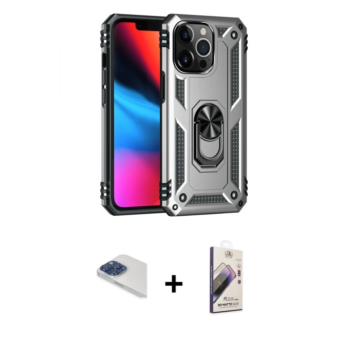 MARSİLYAN™- iPhone 13 Pro Max Kılıf Ahenk Klasik Koleksiyonu - Siyah Bilvis 3D Mat Cam Ekran Koruyucu + Pers Alüminyum Kamera Lens - LT