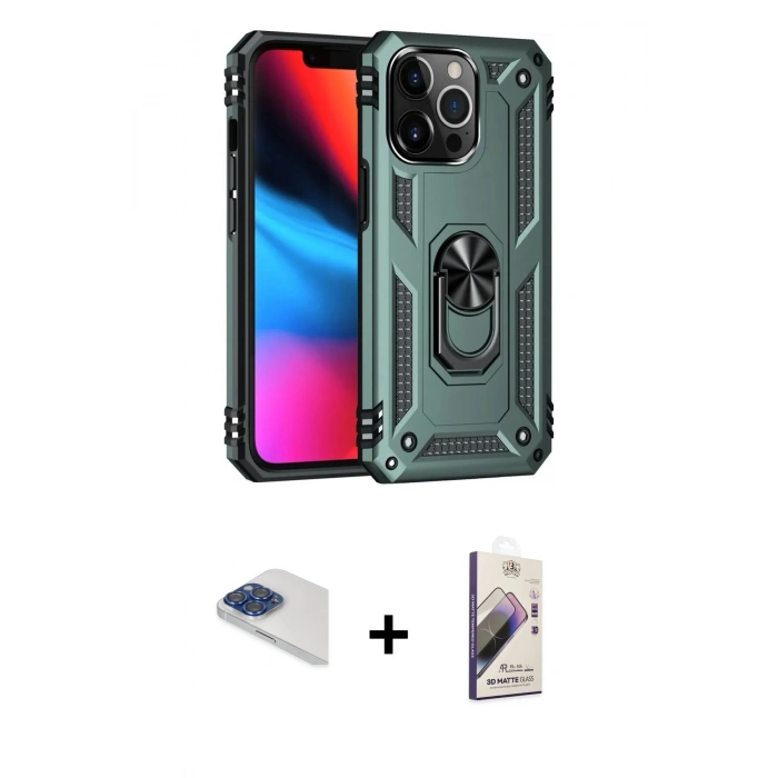 MARSİLYAN™- iPhone 13 Pro Max Kılıf Ahenk Klasik Koleksiyonu - Siyah Bilvis 3D Mat Cam Ekran Koruyucu + Pers Alüminyum Kamera Lens - LT