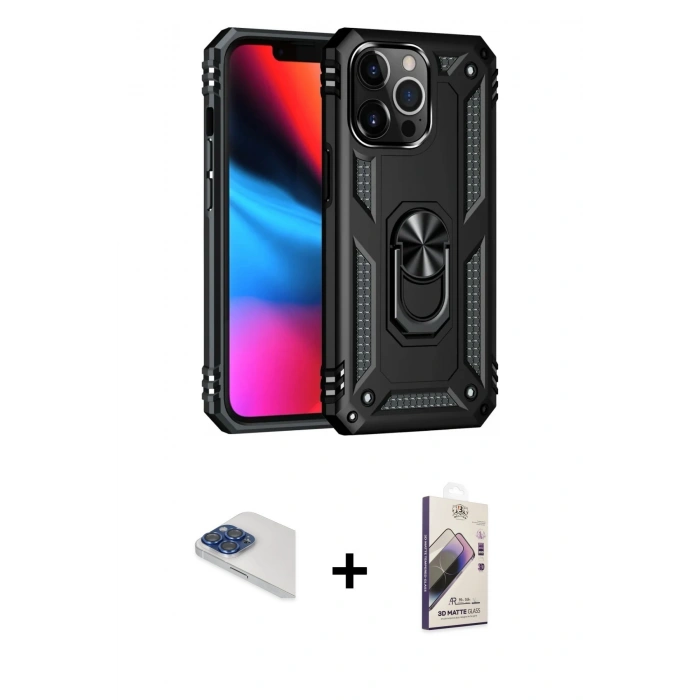 MARSİLYAN™- iPhone 13 Pro Max Kılıf Ahenk Klasik Koleksiyonu - Siyah Bilvis 3D Mat Cam Ekran Koruyucu + Pers Alüminyum Kamera Lens - LT