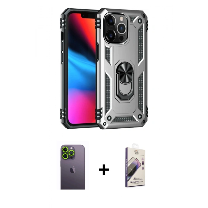 MARSİLYAN™- iPhone 13 Pro Max Kılıf Ahenk Klasik Koleksiyonu - Siyah Bilvis 3D Mat Cam Ekran Koruyucu + Neon Fosforlu Kamera Lens - YL
