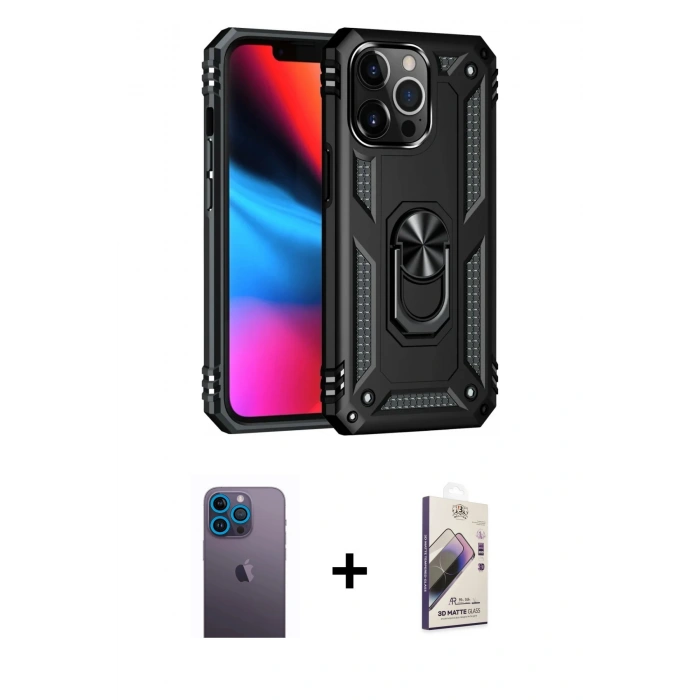 MARSİLYAN™- iPhone 13 Pro Max Kılıf Ahenk Klasik Koleksiyonu - Siyah Bilvis 3D Mat Cam Ekran Koruyucu + Neon Fosforlu Kamera Lens - MI