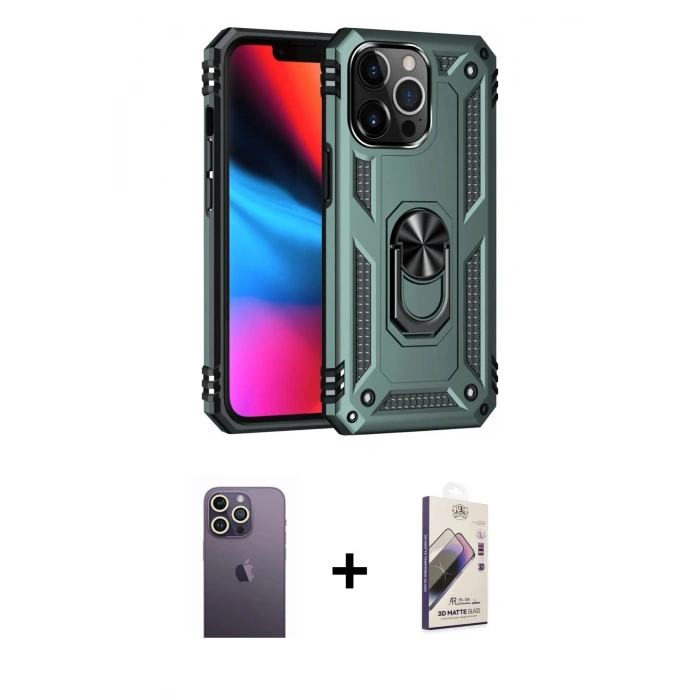 MARSİLYAN™- iPhone 13 Pro Max Kılıf Ahenk Klasik Koleksiyonu - Siyah Bilvis 3D Mat Cam Ekran Koruyucu + Neon Fosforlu Kamera Lens - BZ