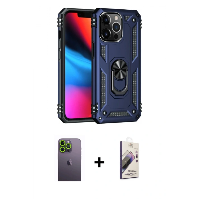 MARSİLYAN™- iPhone 13 Pro Max Kılıf Ahenk Klasik Koleksiyonu - Siyah Bilvis 3D Mat Cam Ekran Koruyucu + Neon Fosforlu Kamera Lens - YL