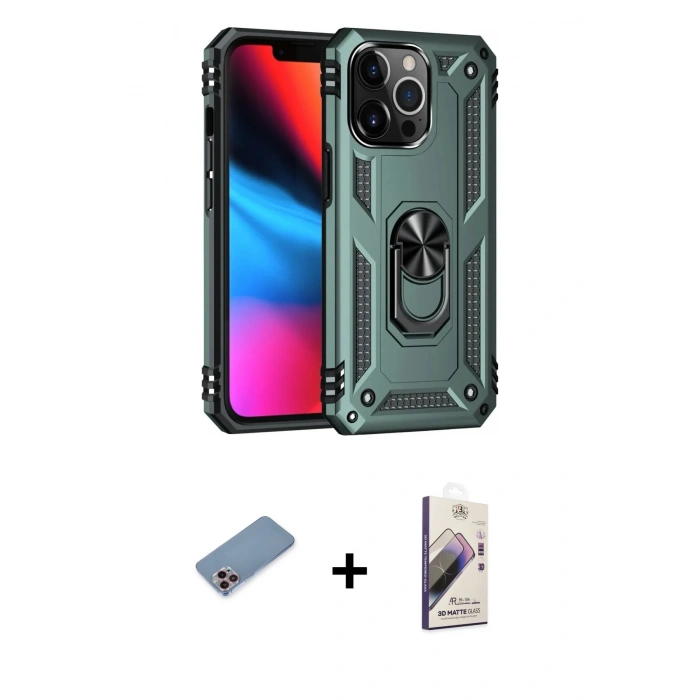 MARSİLYAN™- iPhone 13 Pro Max Kılıf Ahenk Klasik Koleksiyonu - Siyah Bilvis 3D Mat Cam Ekran Koruyucu + Shine Kamera Lens Koruma Cam - PE